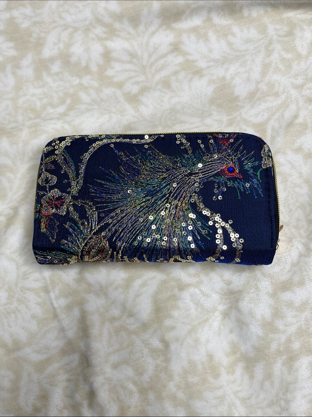 Beaded Peacock Double Zip Wallet Clutch Embroidered Evening Purse